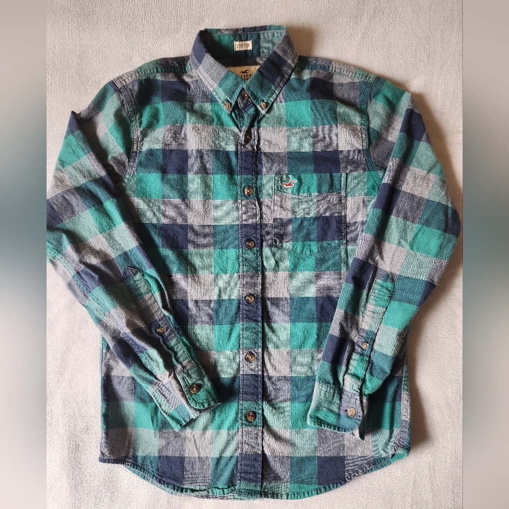 Hollister Blue and Green XS Plaid Casual Shirt